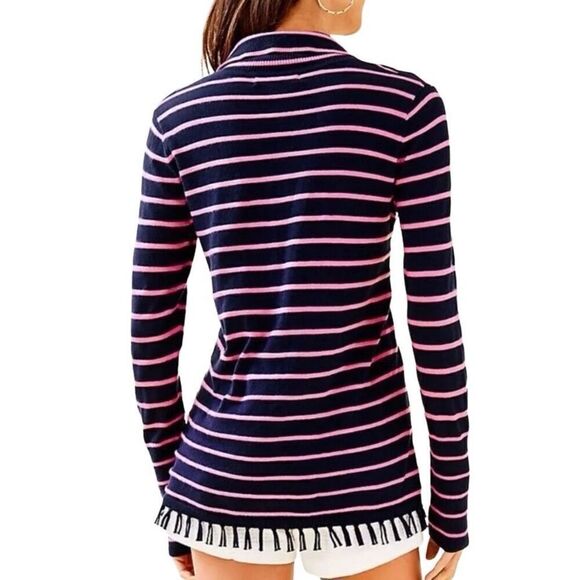 Lilly Pulitzer Crestwood Fringe Pullover‎ Sweater Top Pink/Blue Stripe Small - Picture 2 of 10